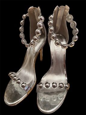Silver Beaded Ankle-Strap High Heel Sandals - Women